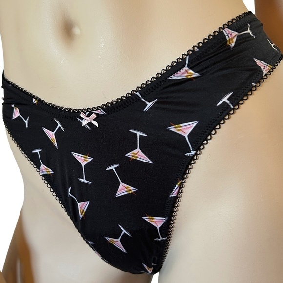 Victoria's Secret High-Leg Thong Panty Cocktail Martini Print Lacy Satin Bow Y2K - Picture 6 of 13